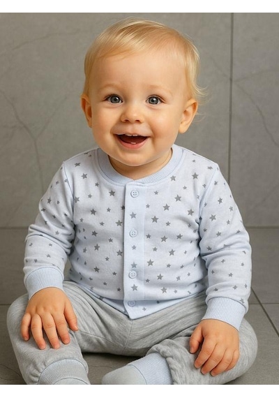Zekids Erkek Çocuk Yıldız Desenli Pamuklu Yumuşak Dokulu Pijama Takımı-16045 Mavi