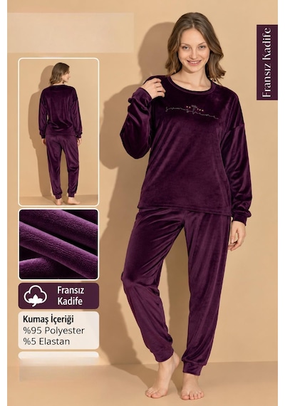 Boyraz Kadın Kışlık Fransız Kadife Bisiklet Yaka Uzun Kol Pijama Takımı 03405- 1 Adet Mor