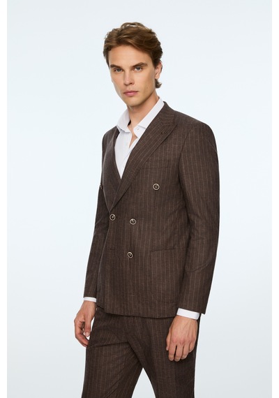 Morven Erkek Kahve Keten Trend Çizgili Slim Fit Sivri Yaka Kruvaze Takım Elbise 26ys001001400 Kahve