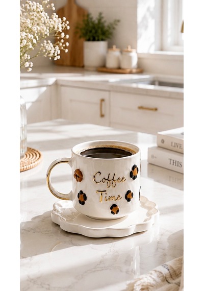 Coffee Time El Yapımı Seramik Kupa 24k Altın Detaylı Çok Renkli