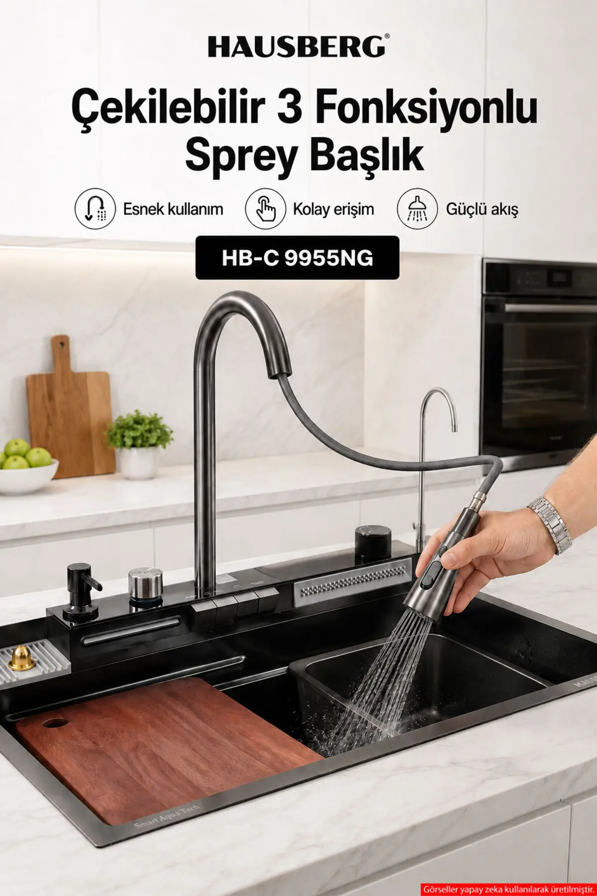 Dijital Akıllı Evye Seti Şelale Bataryalı, Led Sıcaklık Göstergeli, Bal Peteği Tabanlı Paslanmaz Çelik Teknolojik Mutfak Evyesi,7+1 Fonksiyonlu, Aksesuarları Dahil Siyah