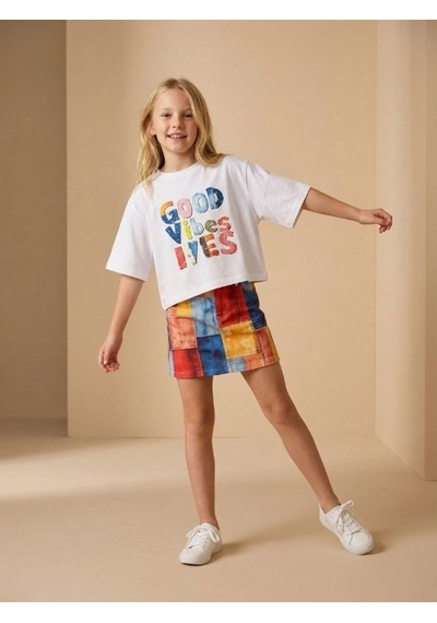 Zekids Kız Çocuk Good Vibes Baskılı Oversize T-shirt-17189 Ekru