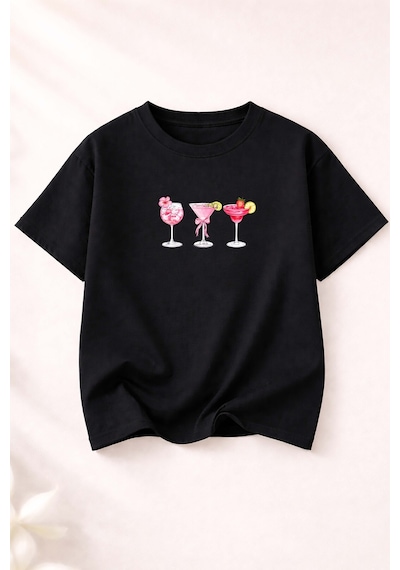 Herkesemoda Summer Baskı Detaylı Kadın Bisiklet Yaka Pamuklu T-shirt Siyah