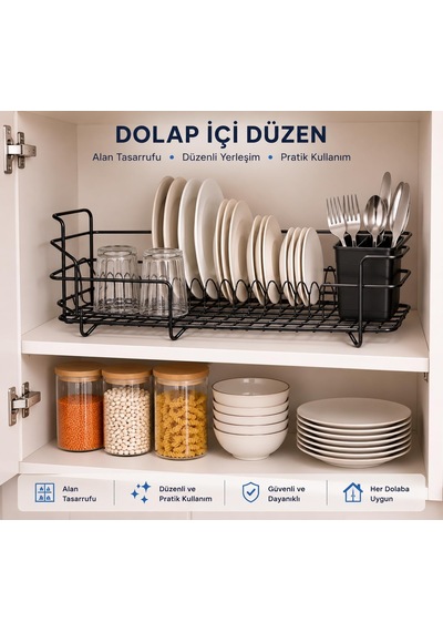 Metal Bulaşıklık Plastik Kaplamalı Bulaşık Kurutma Rafı Çift Bölmeli Kaşıklıklı Tezgah Üstü Mutfak Organizeri Diğer