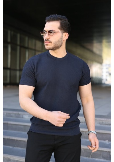 Veraura Lifestyle Erkek Bisiklet Yaka Petek Dokulu Kısa Kollu Triko Tişört Lacivert