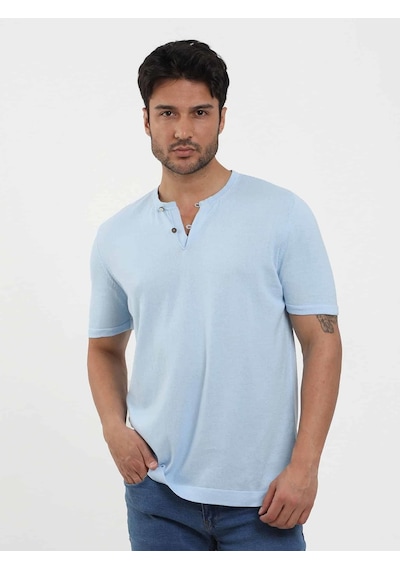 Dufy Buz Mavisi Erkek Slim Fit Düz Düğmeli O Yaka Kazak - 104636-buz Mavisi Buz Mavi