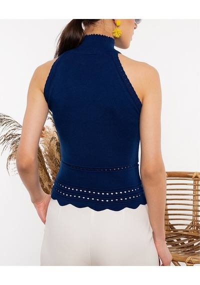 Aqe Fashion Kadın Saks Mavisi Halter Yaka Dantel Detaylı Bluz-Saks
