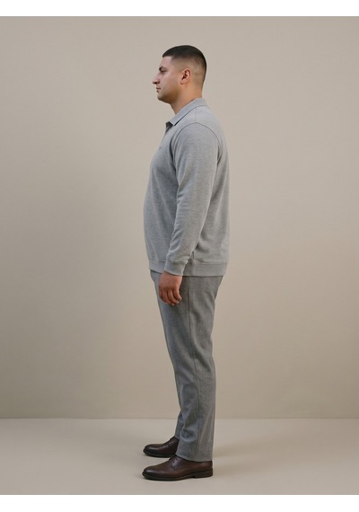 Maccali Erkek Gri Melanj Büyük Beden Polo Yaka Battal Sweatshirt