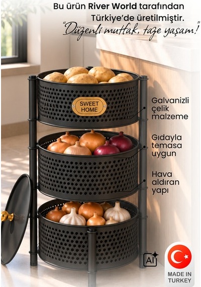 River World Siyah Renk 3 Sabit Bölmeli Tekerleksiz Metal Sebzelik Çok Renkli