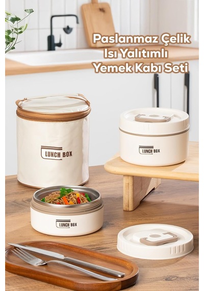 Isı Yalıtımlı Çanta Paslanmaz Çelik Vakumlu Yemek Termosu Beslenme Kutusu Lunch Box Sefer Tası Bej Diğer