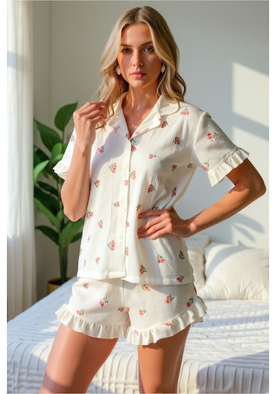 Bella Notte Çiçek Baskılı Fırfırlı Pijama Takımı Ekru