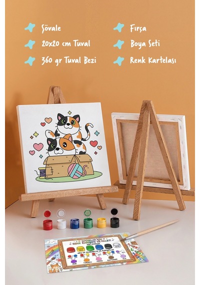 Kedi Figürlü Çocuk Boyama Tuvali Şövaleli Boya Seti 20x20