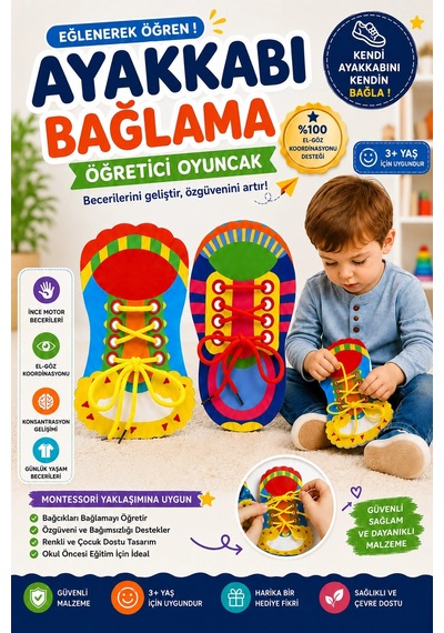 Tineke Montessori Ayakkabı Bağlama Eğitici Oyuncak İnce Motor Beceri Geliştirici Erkek Ve Kız 3+ Yaş