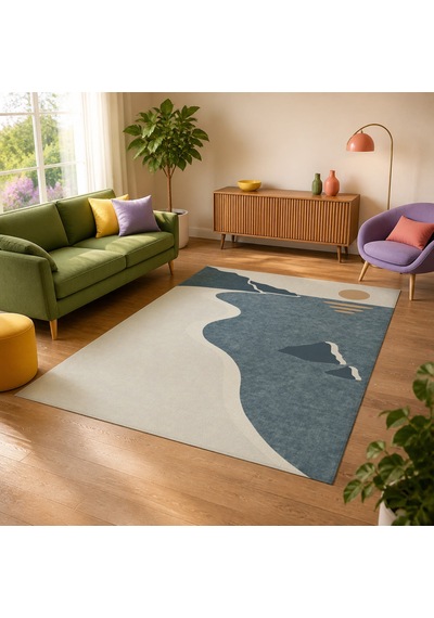 Kartela Halı Kıyı Deniz Manzaralı Modern Halı Mavi Kaymaz Taban Makinede Yıkanabilir 80x120 Cm