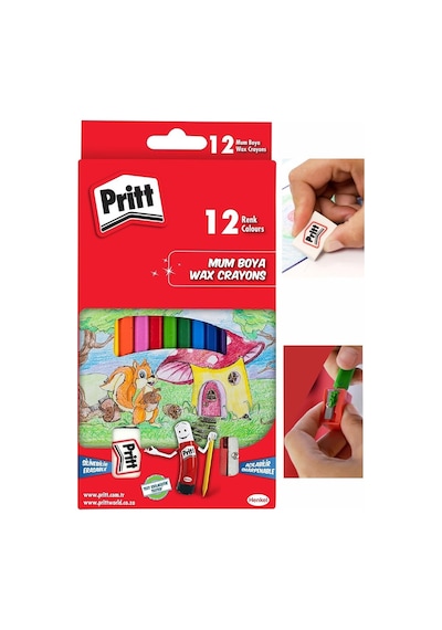 Mum Boya 12 Renk 1 Paket Karton Kutulu Pritt 12 Li Mum Boya Kalemi Silinebilir Zararsız Yıkanabilir Çok Renkli