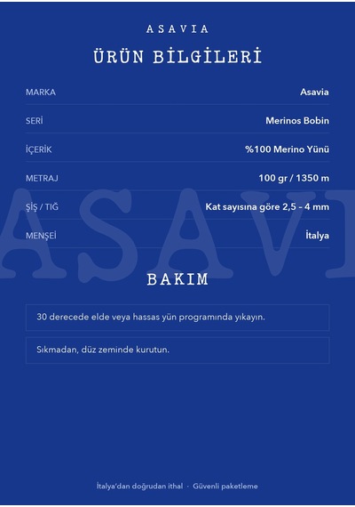 Asavia İtalyan Merinos Yünü Örgü İpi Bobin %100 Merino 100 Gr Lacivert
