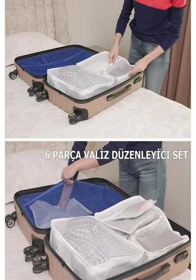 3 Set 6'lı Valiz Düzenleyici Set - Çizgili Gri