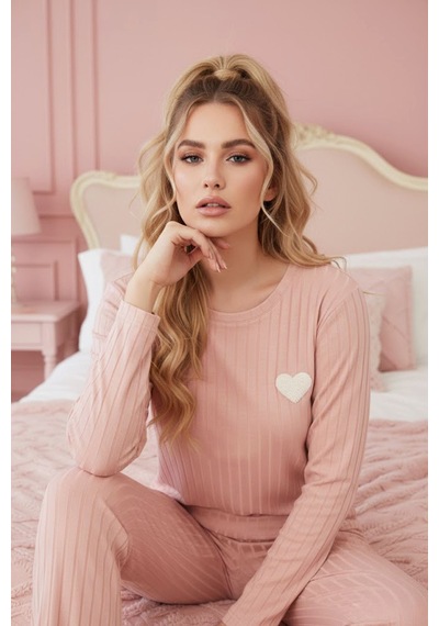 Siyah İnci Fitilli Örme Pijama Takım25226003 Somon