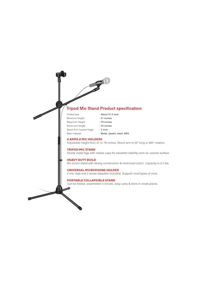 180cm Maksimum Uzunluk Mikrofon Standı Multi Fonksiyonel 2in1 Microphone Katlanabilir Açısı Ayarlanabilir Zemin Üstü - Model 103