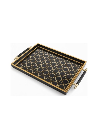 Dijital Baskılı Cam Servis Tepsisi Selçuklu Desenli, Metal Kulplu 46x28 Cm Siyah