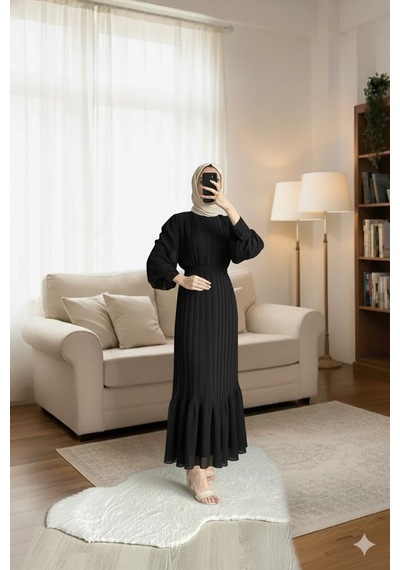Çlm Store Piliseli Şifon Tesettür Elbise - Rahat Ve Şık - Boy 135 Cm Siyah Siyah