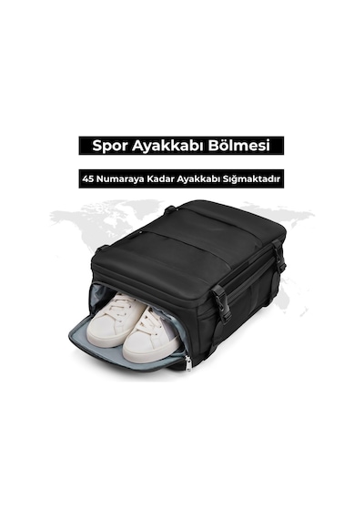 Su Geçirmez 16" İnç 30l Ayakkabı Bölmeli Seyahat Sırt Çantası - Laptop Bölmeli, Usb Şarj Girişli Siyah