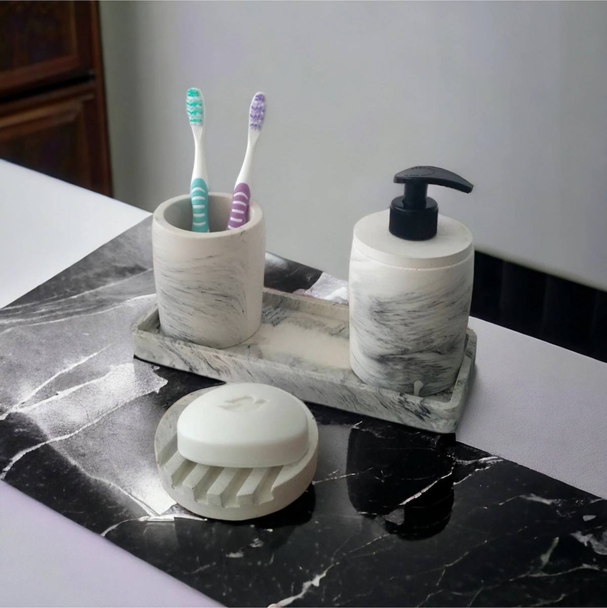 Marble 4'lü Banyo Seti ,sıvı Sabunluk Diş Fırçalığı Beton Aksesuar Takım Gri