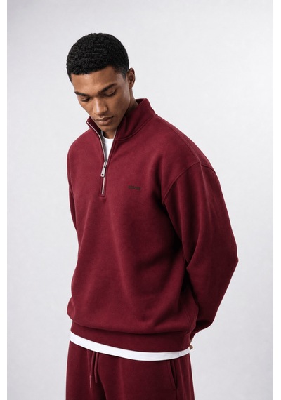 Erkek Respire Basic Half Zip Oversize Sweatshirt Bordo