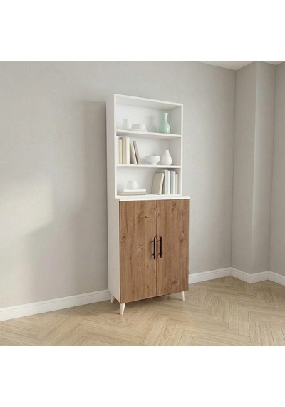 Tr Lidya Dolaplı Kitaplık 6 Raflı 2 Kapaklı 65 Cm, Atlantik Çam - Beyaz Genel