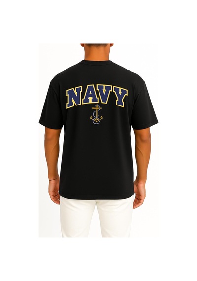 Bahriyeli Collection Oversize Blue Navy Anchor Göğüs Ve Sırt Baskılı Unisex T-shirt Siyah