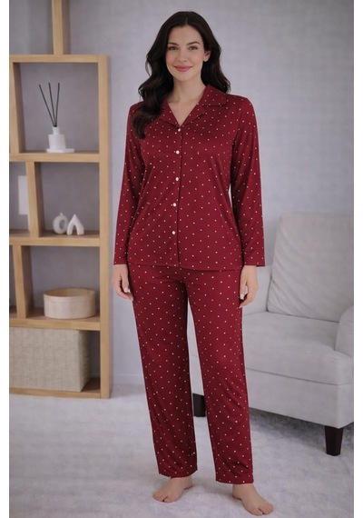 Pemilo Kadın 7124 Uzun Kol Düğmeli Pijama Takımı Bordo