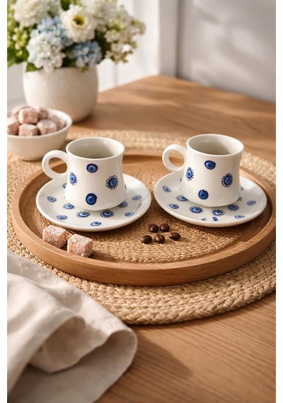 Hediyelik Nazar Boncuklu Desenli El Yapımı Seramik Türk Kahve Fincanı Espresso 2li Set Hediyelik Çok Renkli