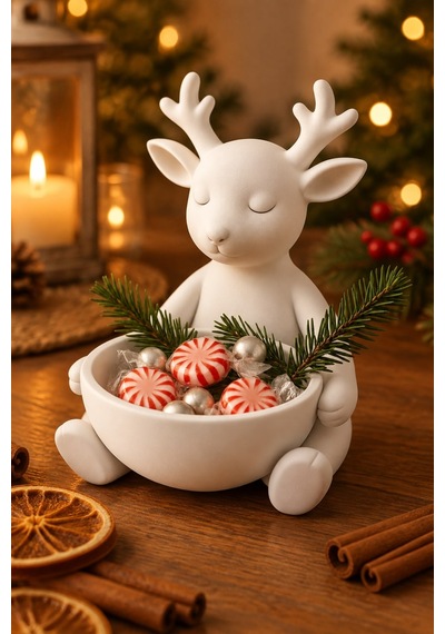 Ren Geyiği Figürlü Çok Amaçlı Kase Noel Sunum Kabı Beyaz