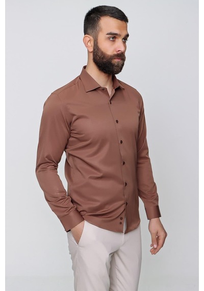 Efor Slim Fit Pamuk Saten Klasik Açık Kahve Gömlek Gk 604 Kahverengi