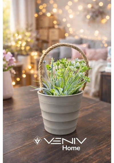 Dekoratif Sepet Saksı + Bitki - Pinterest Tasarım - 17 Cm Gri