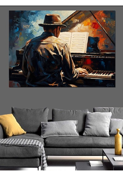 Ahşap Tablo Şapkalı Piyanist Ve Gece Müziği