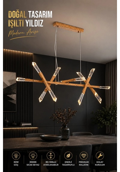 Modern Premium Led Sarkıt Avize Doğal Ahşap Tasarım Salon Yemek Masası Avizesi 30w 3000k Beyaz