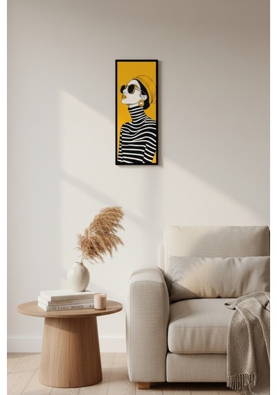 Kadın Figürlü Dekoratif Duvar Tablosu 25x60 Cm Siyah Çerçeveli Modern Dikey Tablo