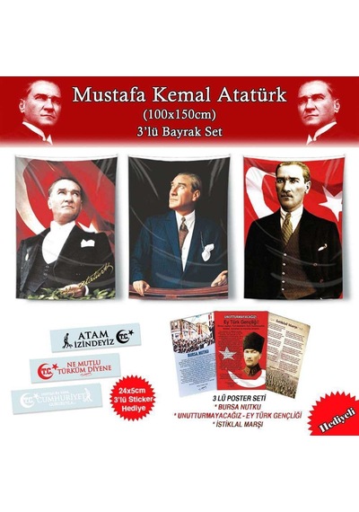Gazi Mustafa Kemal Atatürk 1x1.5m Bayrak Set2 -3lü Poster Ve Sticker Hediyeli-29 Ekim Bayram Kutlama 1