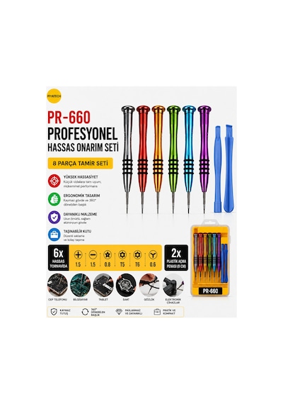 Pr-660 Telefon, Bilgisayar Ve Saat Tamir Seti - 6'lı Metal Hassas Tornavida + 2'li Pena Seti