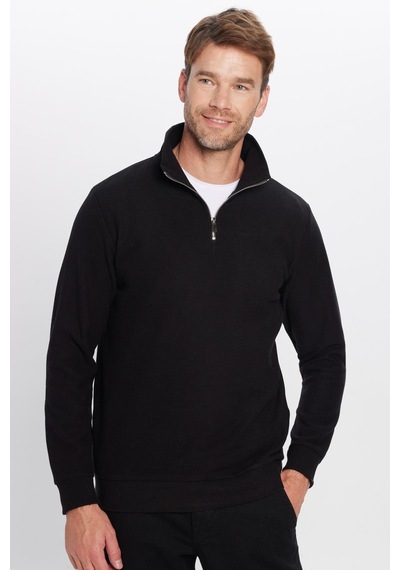 Tudors Unisex Relax Fit Rahat Kesim Pamuklu Yarım Fermuarlı Siyah Dik Yaka Sweatshirt-31973 Siyah