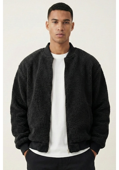 Genius Store Erkek Mont Peluş İçi Astarlı Oversize Geniş Kalıp Sherpa Kuzu Kumaş Spor Mont Siyah