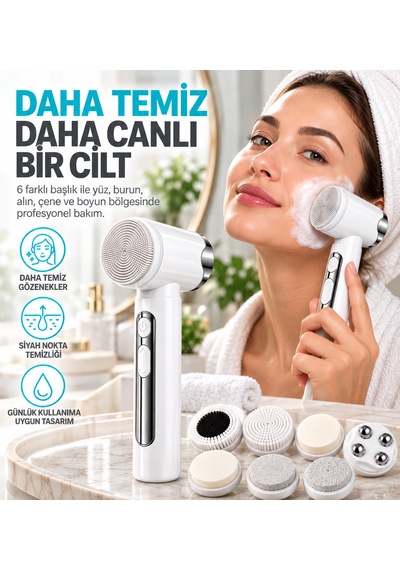 Şarjlı Elektrikli Yüz Temizleme Cihazı 6 Başlıklı 15 Kademeli Cilt Bakım Ve Masaj Aleti