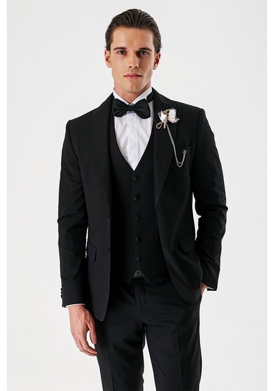 İmza Siyah Çıkarılabilir Şal Yaka Yelekli Likralı 6 Drop Slim Fit Smokin Damatlık 1001240202-Siyah İmza Siyah Çıkarılabilir Şal Yaka Yelekli Likralı 6 Drop Slim Fit Smokin Damatlık 1001240202-Siyah