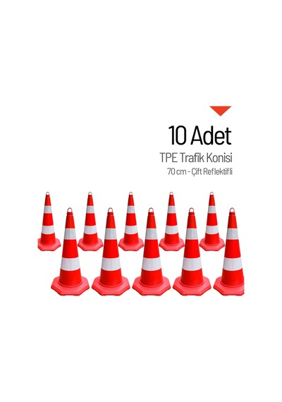 10'lu Tpe Trafik Konisi Seti 70 Cm Çift Reflektifli Trafik Dubası-3603