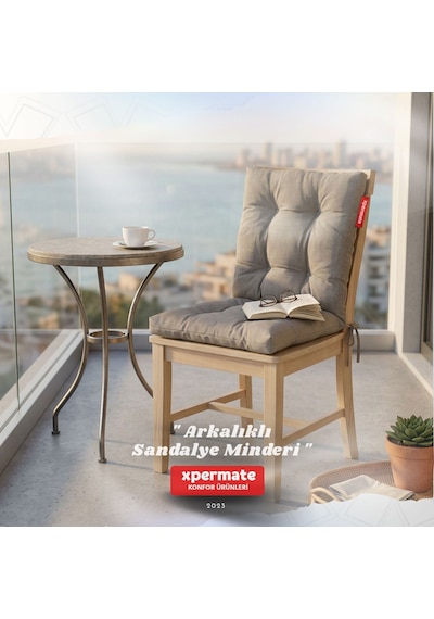 Pofuduk Arkalıklı Sandalye Minderi Bağcıklı Yıkanabilir Dekoratif Minder Gri