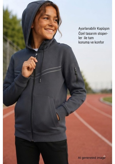 Pina Kids Kız Çocuk Kolu Cepli Şerit Baskılı Kapüşonlu Dalgıç Kumaş Eşofman Takımı Esf7031 Füme