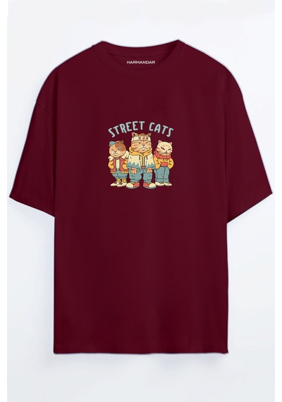 Street Cats - Sokak Kedileri Siyah - Beyaz Oversize T-shirt Bordo