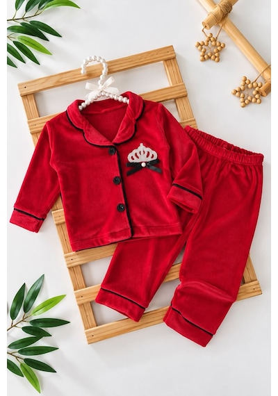 Minigimin Cicileri Taç İşleme Detaylı Kadife Kız Çocuk Pijama Takımı - Kırmızı Minigimin Cicileri Taç İşleme Detaylı Kadife Kız Çocuk Pijama Takımı - Kırmızı