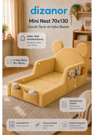 Dizanor Mini Nest 6sı 1 Arada Bebek Oyun Parkı Ve Park Yatak Sarı 70 X 130